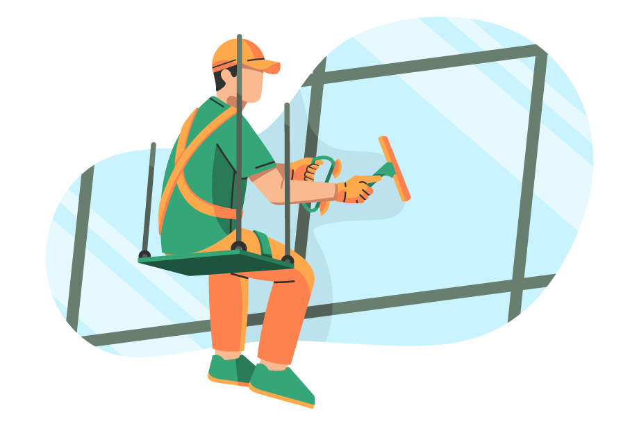 Ein Man reinigt die Glasfassade eines Hochhauses